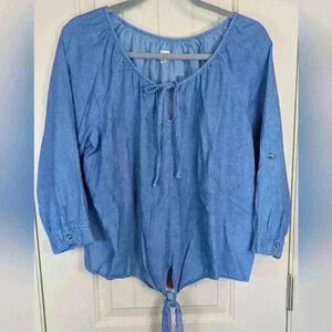 K.I.T Tie Front 100% Cotton Chambray Top Indigo Roll Tab Long Sleeves XL